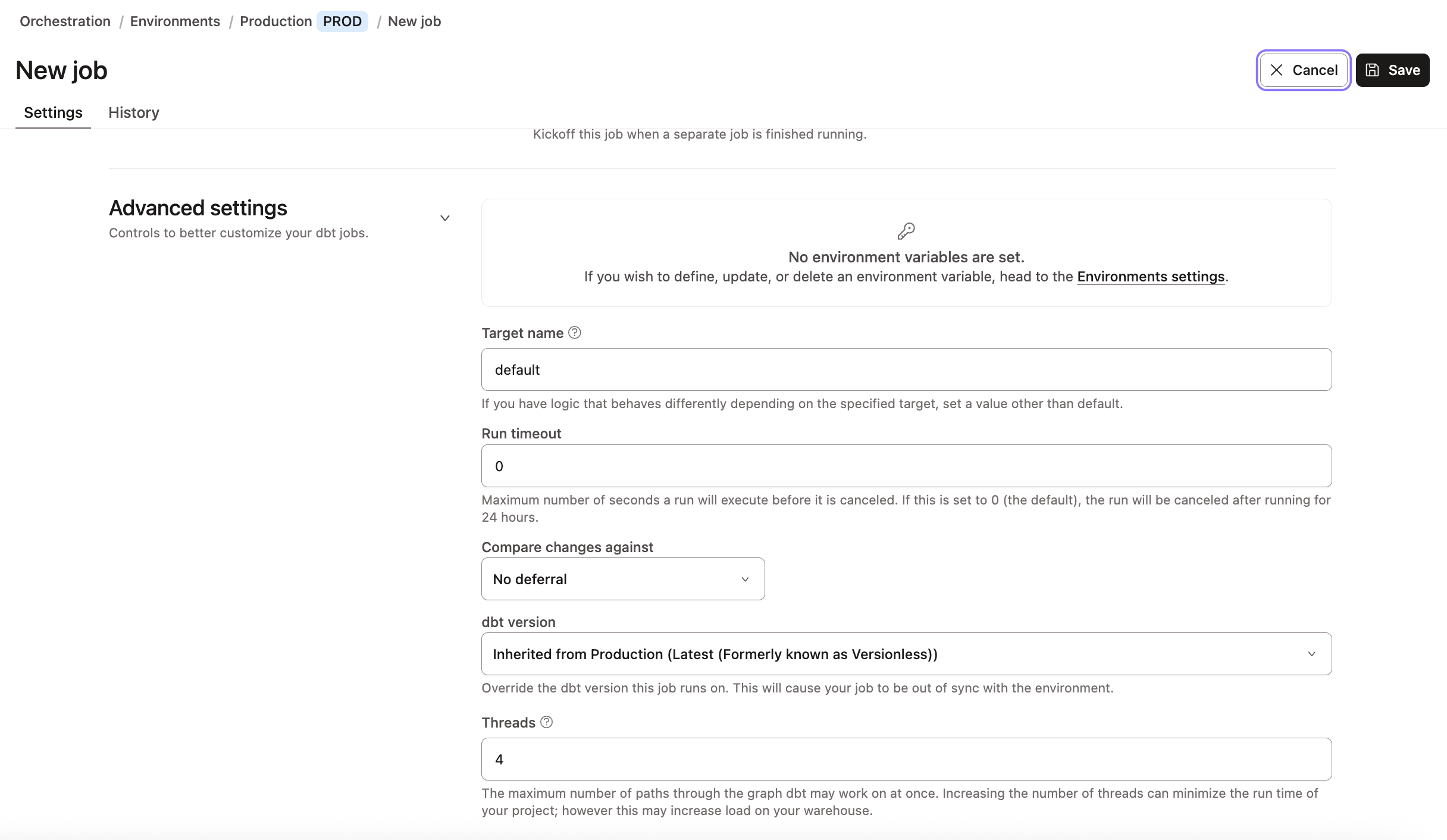 Settings of a dbt job Settings of a dbt job